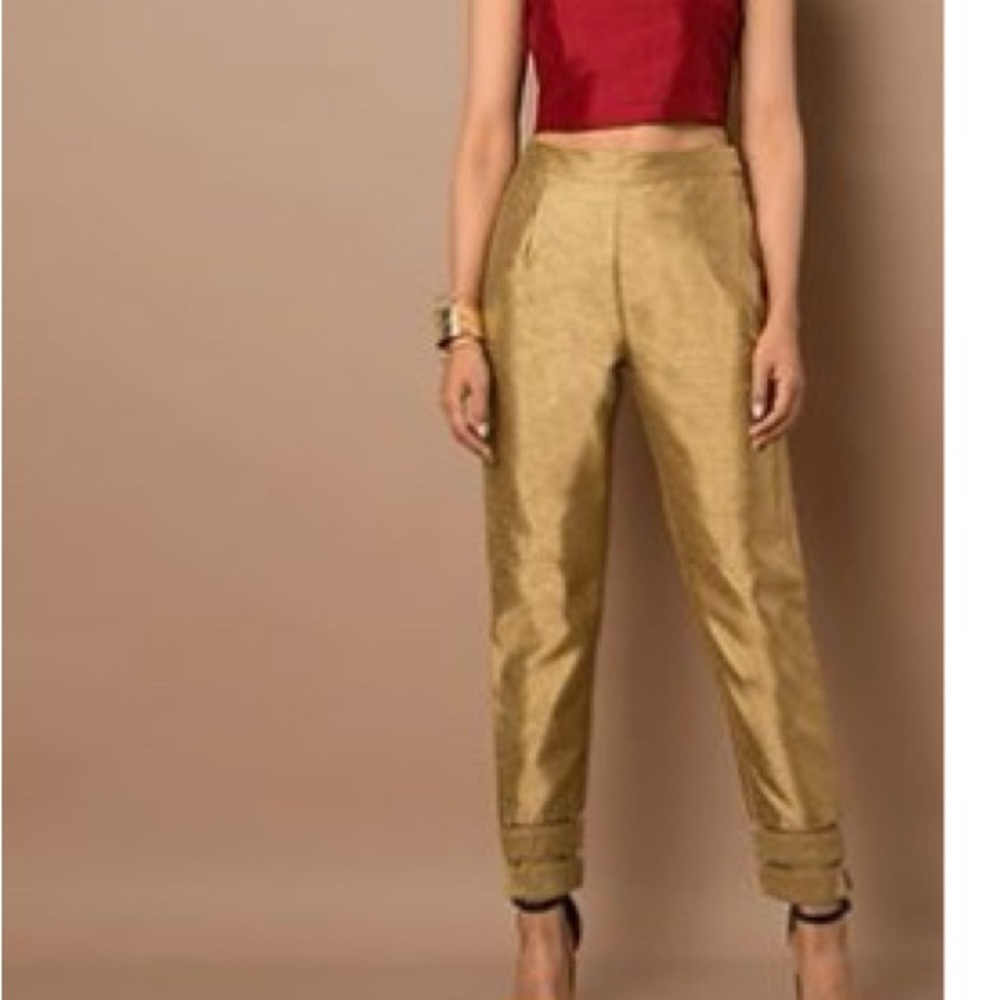 Gold Mesh Insert Poly Silk Fitted Pants